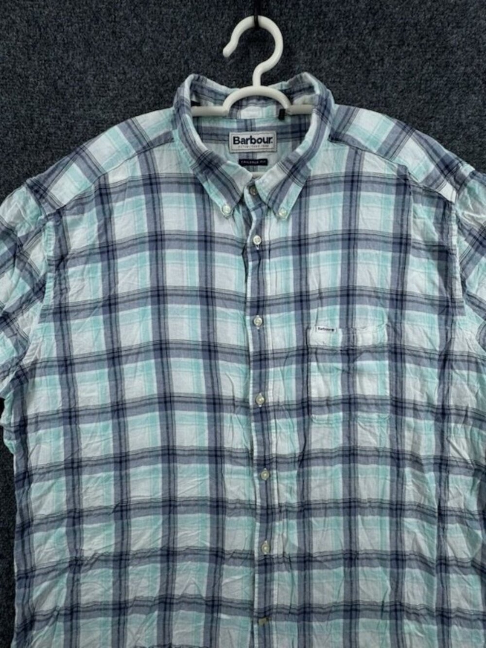 Barbour Blue White 2XL Linen Tencel Short Sleeve Plaid Tailored Button-Down Men